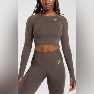 NWT Gymshark VITAL SEAMLESS 2.0 LONG SLEEVE CROP TOP-Brown